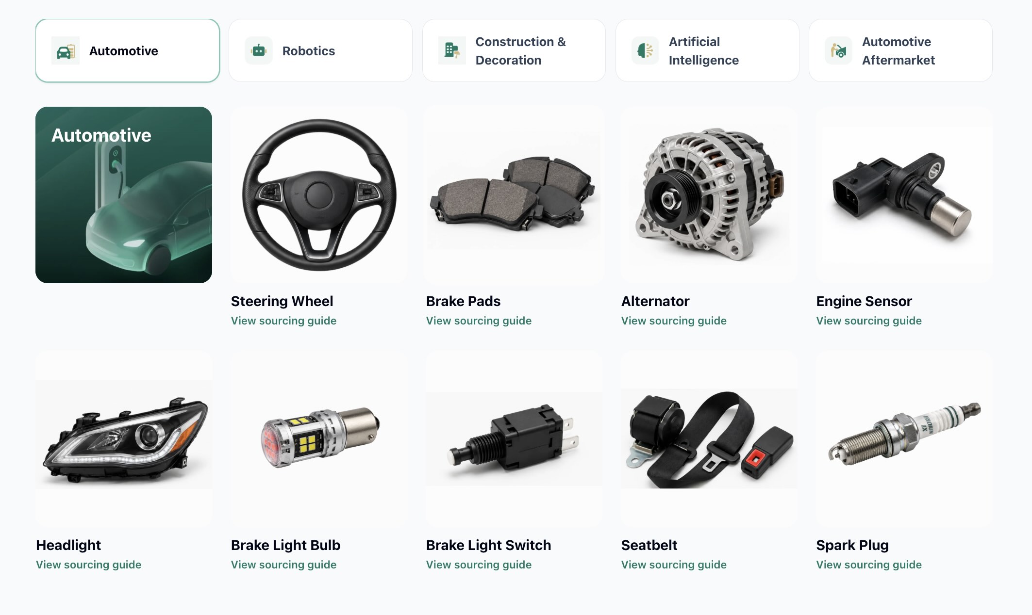 Reference SKU catalog featuring automotive products and links to their sourcing guides